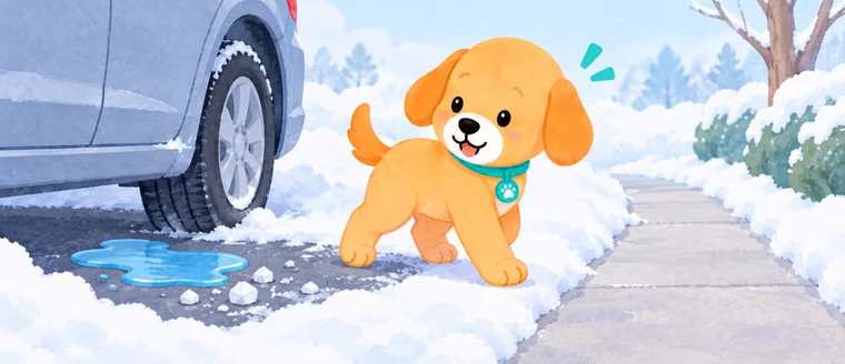 Il cane Amaeru evita una pozzanghera di antigelo e il sale sulla neve
