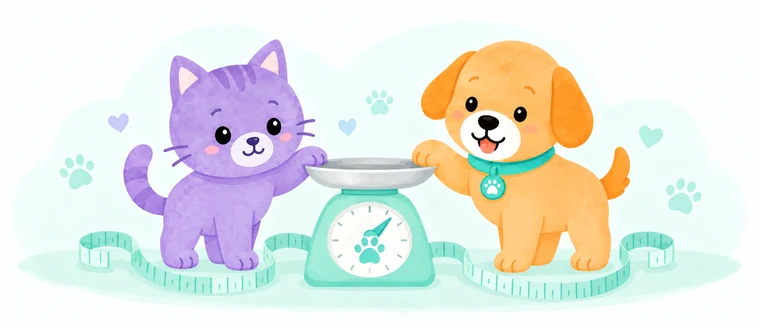 Il gatto e il cane Amaeru accanto a bilancia e metro morbido