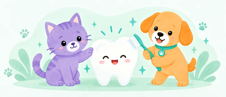 Il cane Amaeru tiene uno spazzolino accanto a un dente, mentre il gatto lo indica