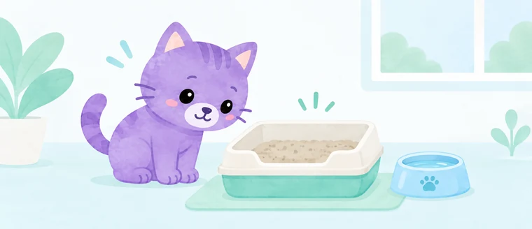 Il gatto Amaeru osserva la lettiera accanto a una ciotola d’acqua