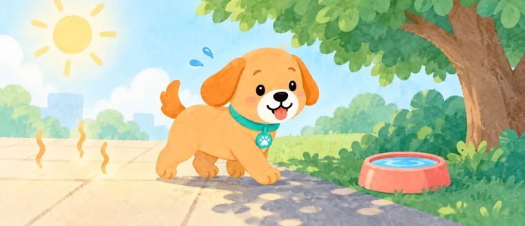 The Amaeru dog moves from the sun toward shade and a water bowl