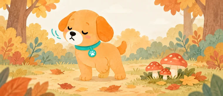 Il cane Amaeru si allontana da funghi selvatici nel bosco